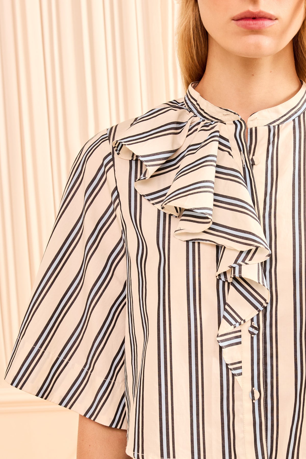 Ecru Stripe Cotton Poplin Blouse - Ruffle Front Detail Close-Up | Ulla Johnson