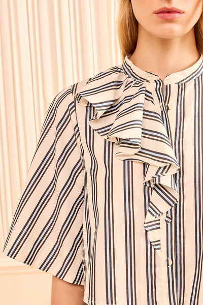 Ecru Stripe Cotton Poplin Blouse - Ruffle Front Detail Close-Up | Ulla Johnson
