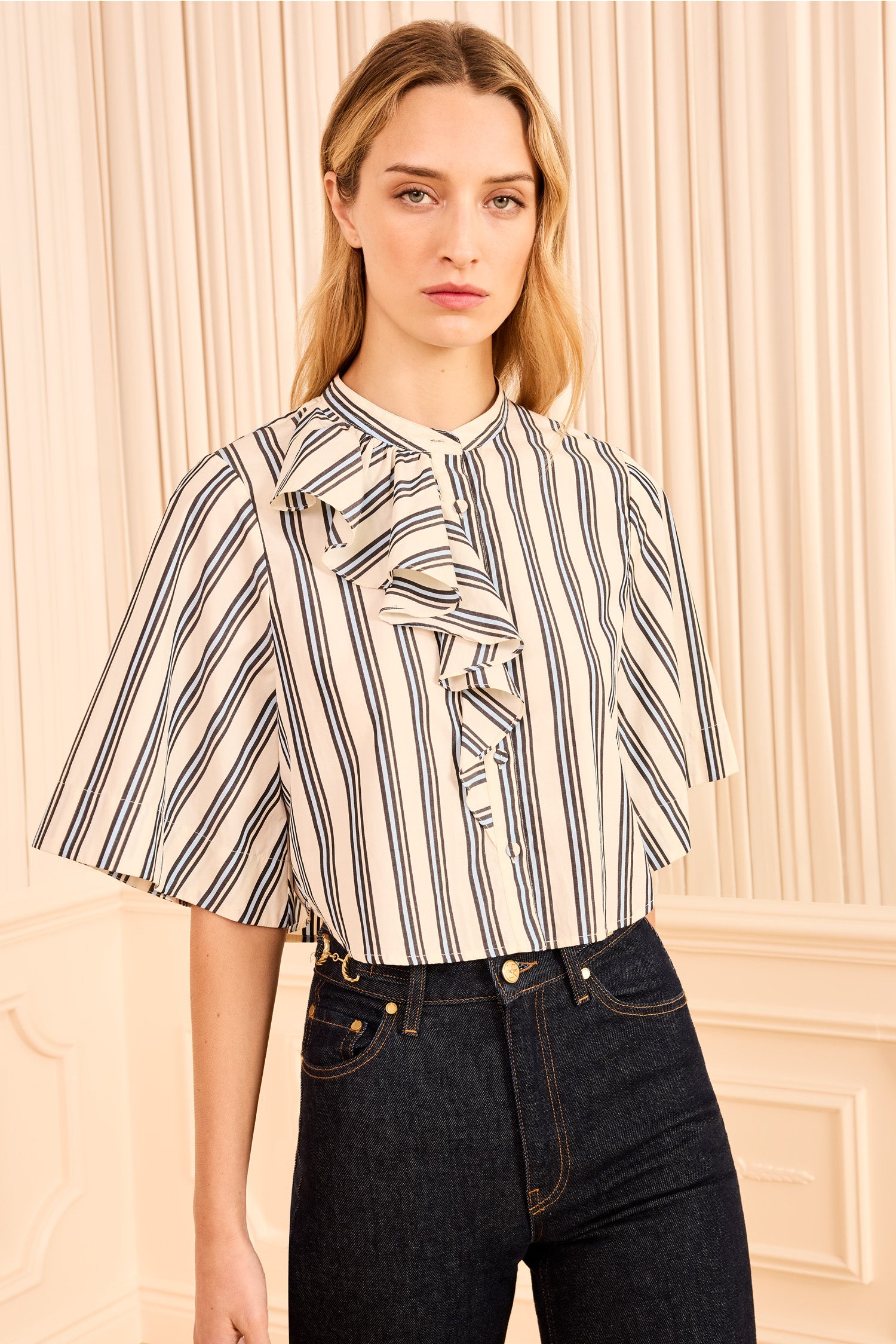 Ulla Johnson Ecru Stripe Designer Cotton Blouse - Front On Model Cropped View | Ulla Johnson