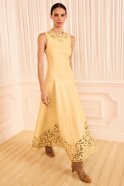 Butter Nappa Leather Midi Dress, Front View, Lace Embroidered Neckline | Ulla Johnson