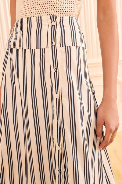 Ecru Stripe Cotton Poplin Midi Skirt - Close-Up Waistband and Button Detail | Ulla Johnson