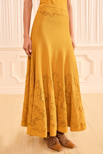 Topaz Designer Knit Midi Skirt - Waistband Floral Motif Close-Up | Ulla Johnson