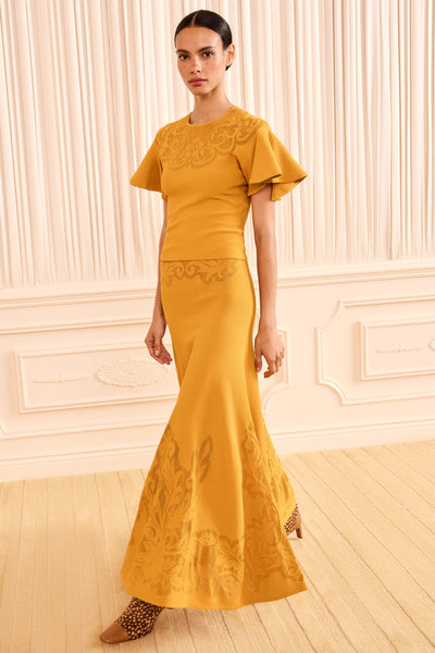 Topaz Luxury Knit Midi Skirt - Three-Quarter View, Fluid Flared Hem | Ulla Johnson