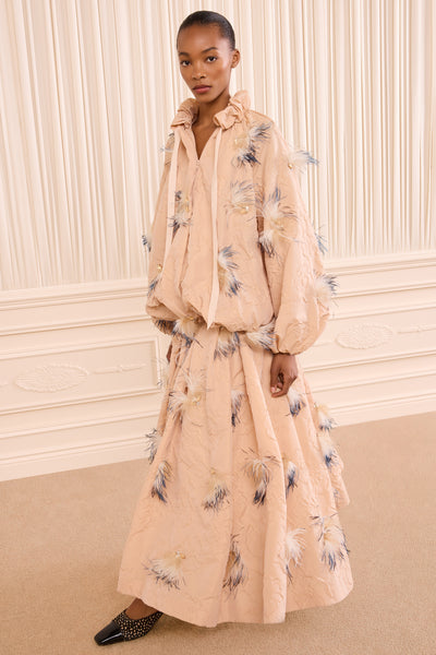 Giacca in nylon cloqué Almond con decorazioni in piume e cristalli - Vista anteriore | Ulla Johnson