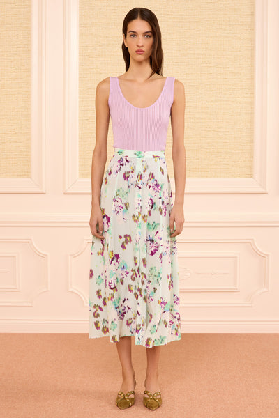 Gonna Midi in Seta con Stampa Floreale Ikat Oasis - Vista Modello Fronte, Lunghezza Intera | Ulla Johnson
