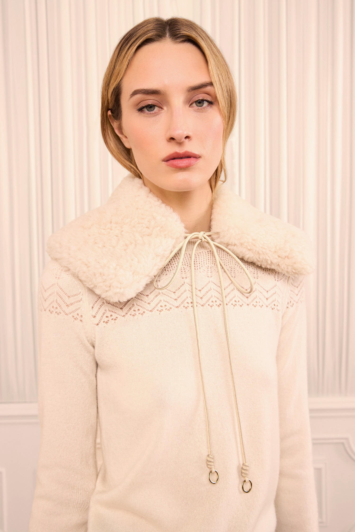 Ulla Johnson Pearl Luxury Shearling Collar on Model with Knit Sweater - Front View | Ulla Johnson