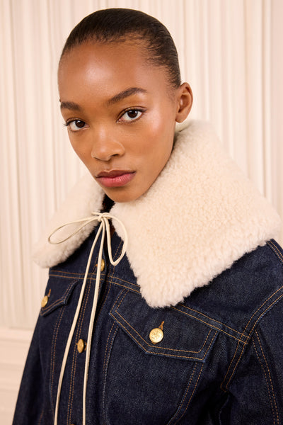 Pearl Designer Shearling Collar Styled over Denim Jacket - Close-Up Front | Ulla Johnson