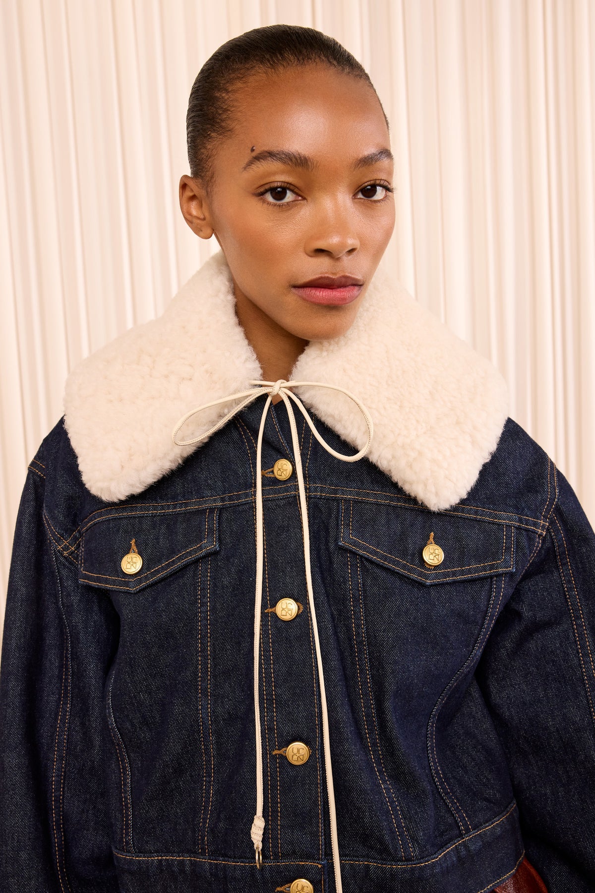 Pearl Premium Shearling Collar with Tie Detail over Denim - Front Styled Look | Ulla Johnson