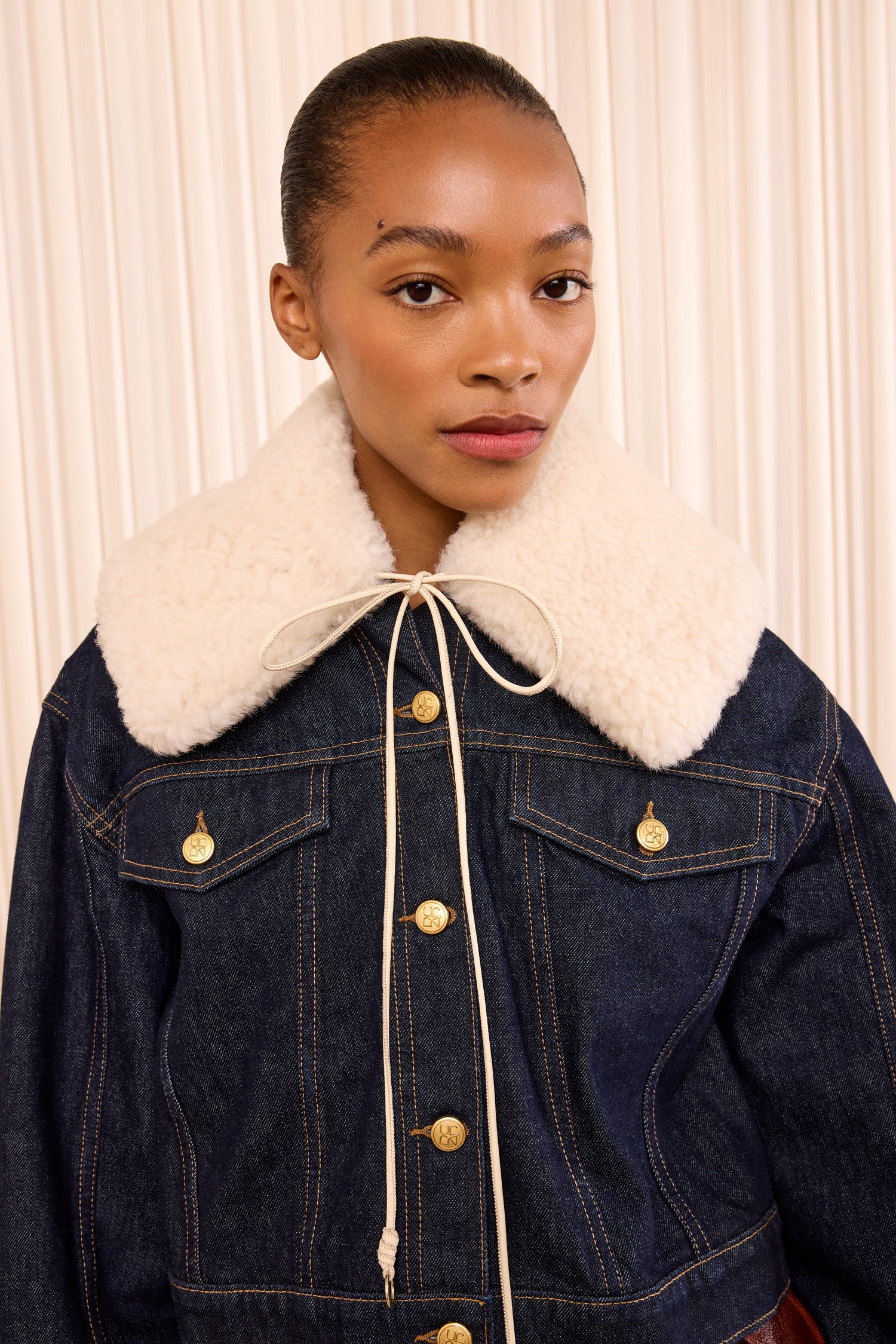 Ulla Johnson Pearl Premium Shearling Collar with Tie Detail over Denim - Front Styled Look | Ulla Johnson