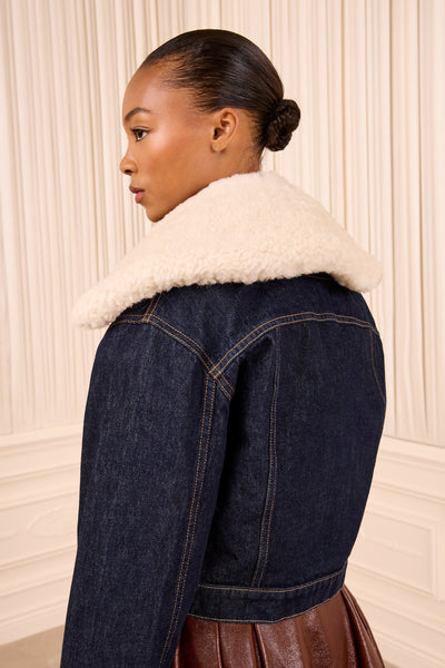 Pearl Shearling Collar over Denim Jacket - Back View on Model | Ulla Johnson