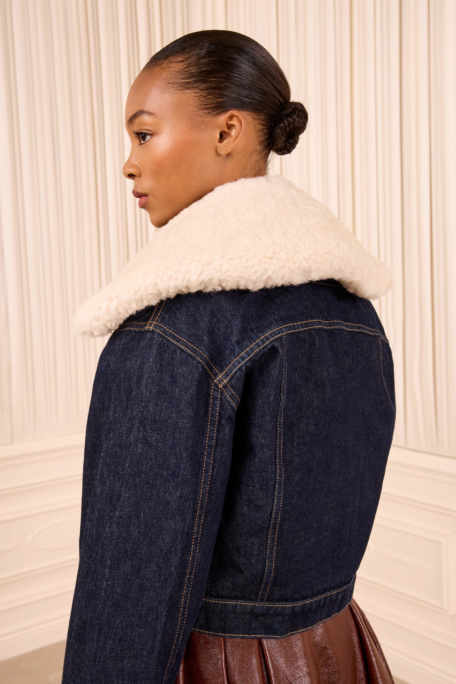 Ulla Johnson Pearl Shearling Collar over Denim Jacket - Back View on Model | Ulla Johnson