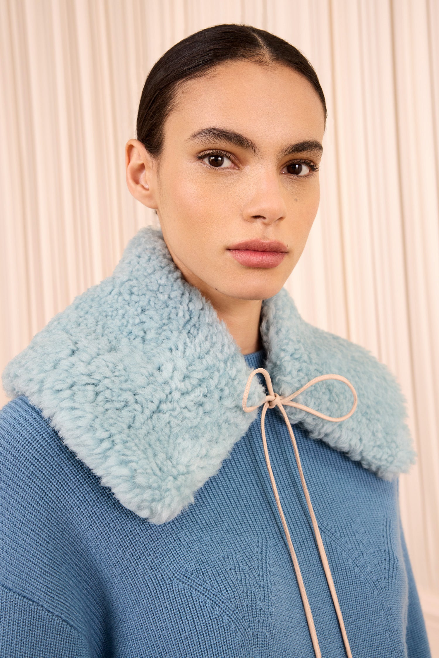 Ulla Johnson Turquoise Luxury Shearling Collar on Model, Tie Detail - Front Close-Up | Ulla Johnson