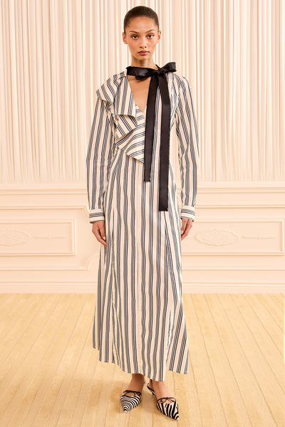 Ecru Stripe Luxury Cotton Maxi Dress - Front View with Black Ribbon Tie | Ulla Johnson