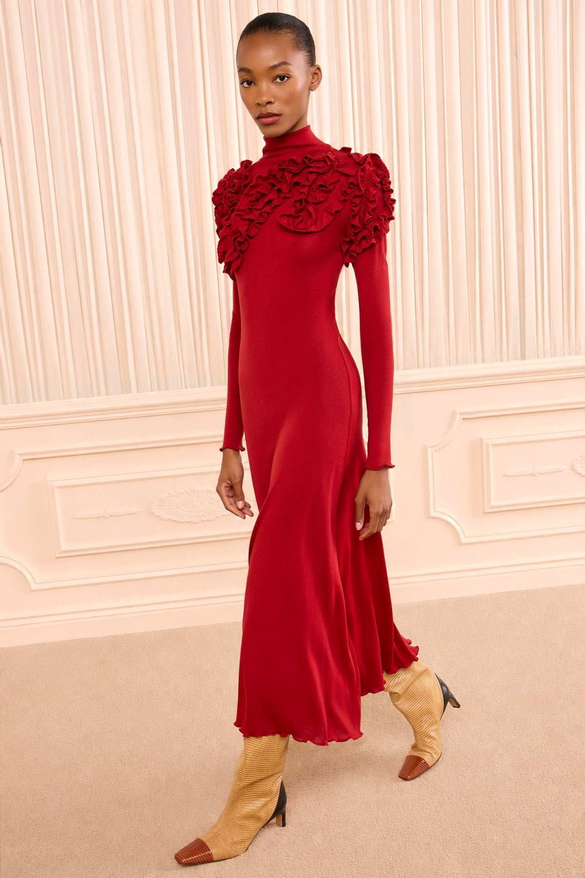 Claret Wool Jersey Long Sleeve Midi Dress, Front View - Solene Dress | Ulla Johnson