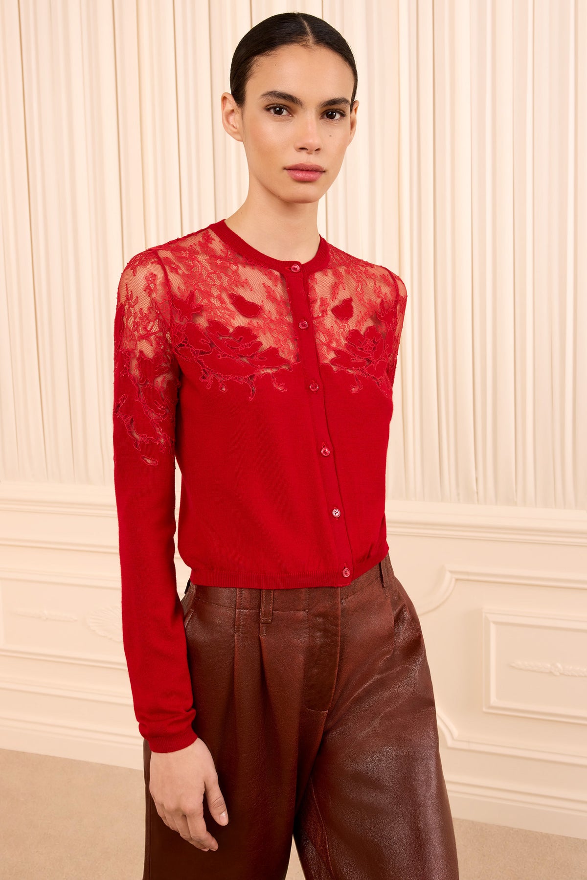 Cerise Merino Wool Talia Lace Cardigan - Front View On Model | Ulla Johnson