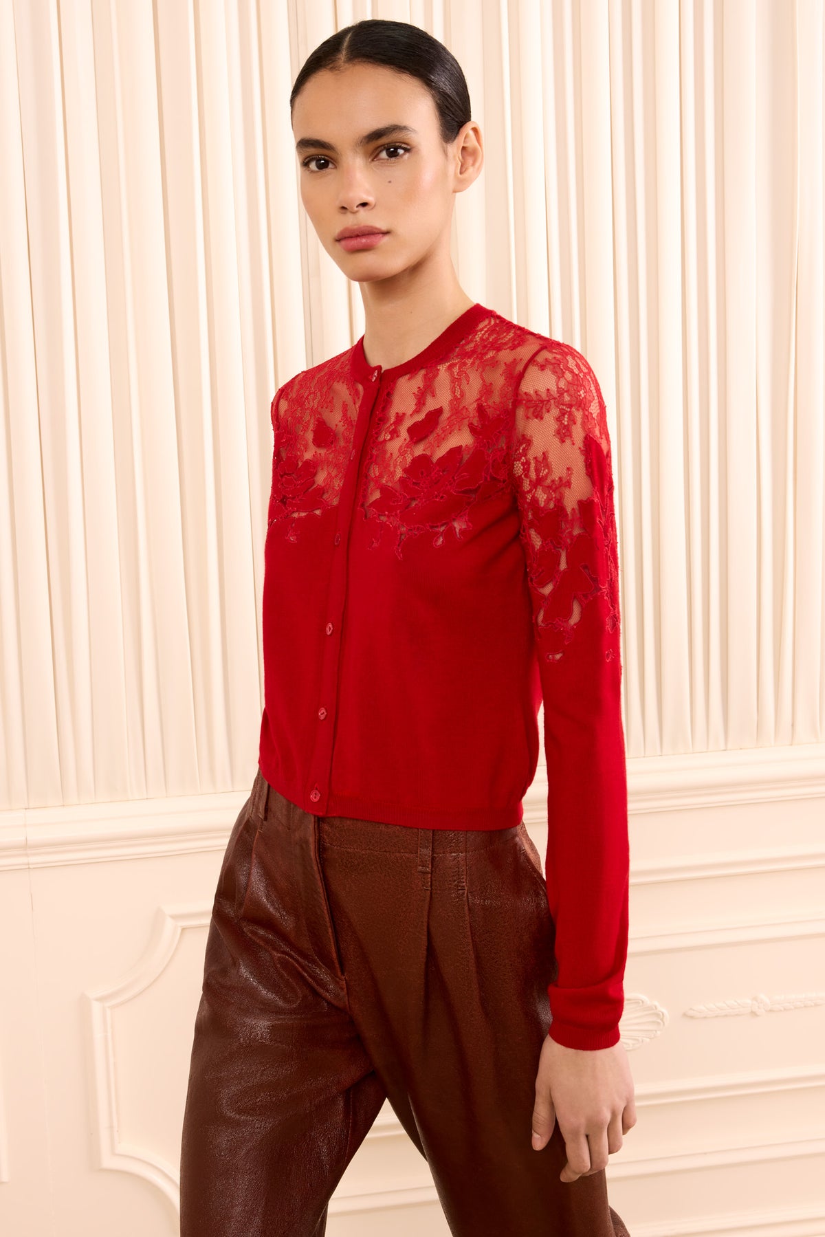 Cerise Merino Wool Talia Lace Cardigan - Side View On Model | Ulla Johnson