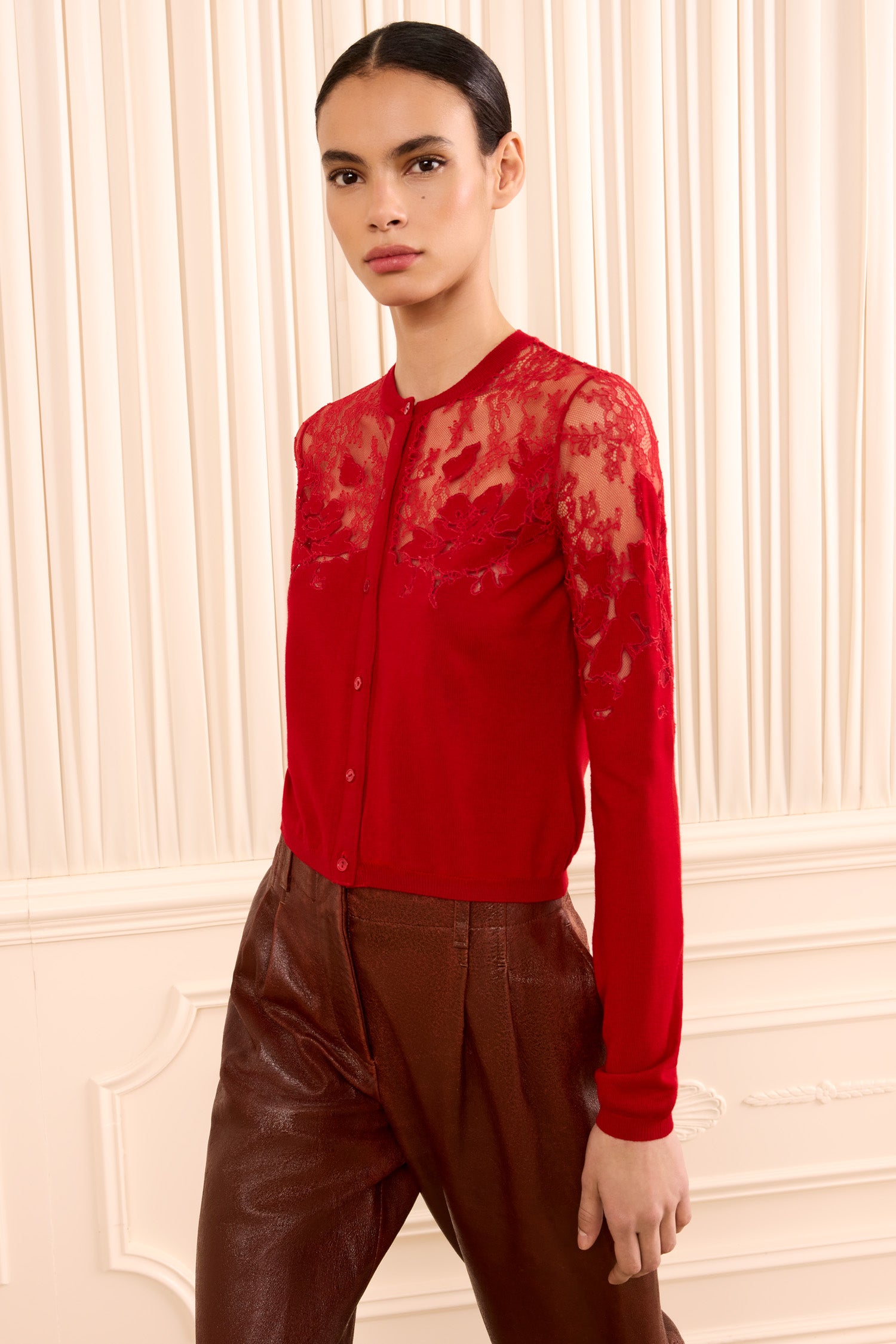 Ulla Johnson Cerise Merino Wool Talia Lace Cardigan - Side View On Model | Ulla Johnson