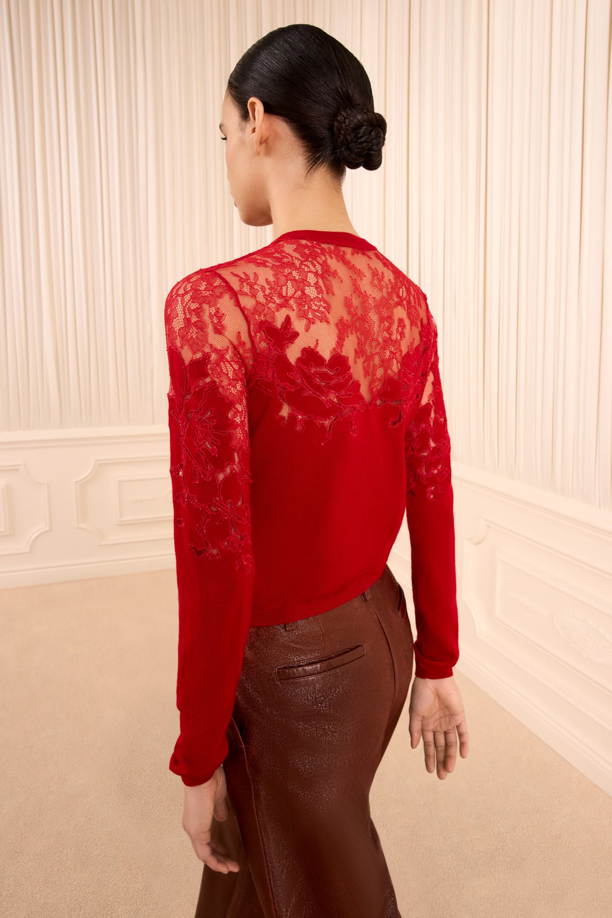 Cerise Merino Wool Talia Lace Cardigan - Back View Lace Detail On Model | Ulla Johnson