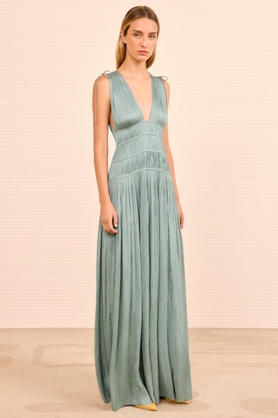 Sea Glass Plissé Satin Tasneem Deep V Gown - Full Length Front | Ulla Johnson