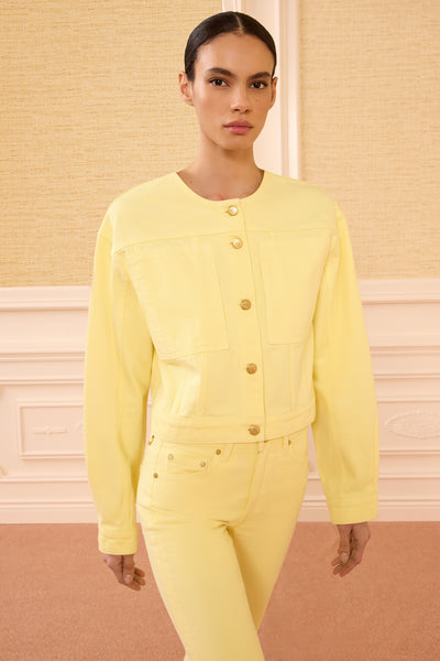 Briar Collarless Denim Jacket in Chantilly Yellow - Front View On Model | Ulla Johnson