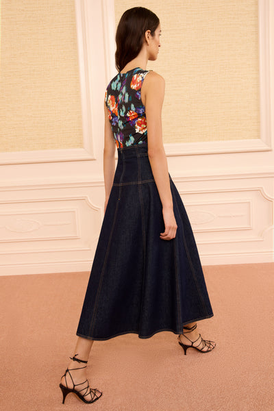 Brigette Denim Midi Skirt Tigris Wash - Back View, Flowing A-Line Silhouette | Ulla Johnson