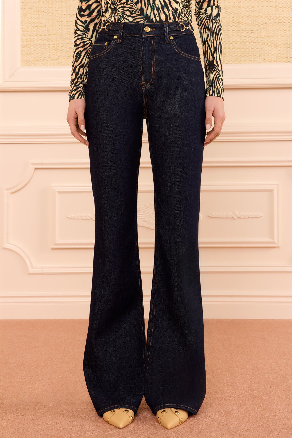 Tigris Dark Wash Designer Denim - Front Cropped View, High Waist Flare Leg | Ulla Johnson