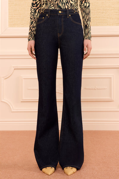 Tigris Dark Wash Designer Denim - Front Cropped View, High Waist Flare Leg | Ulla Johnson