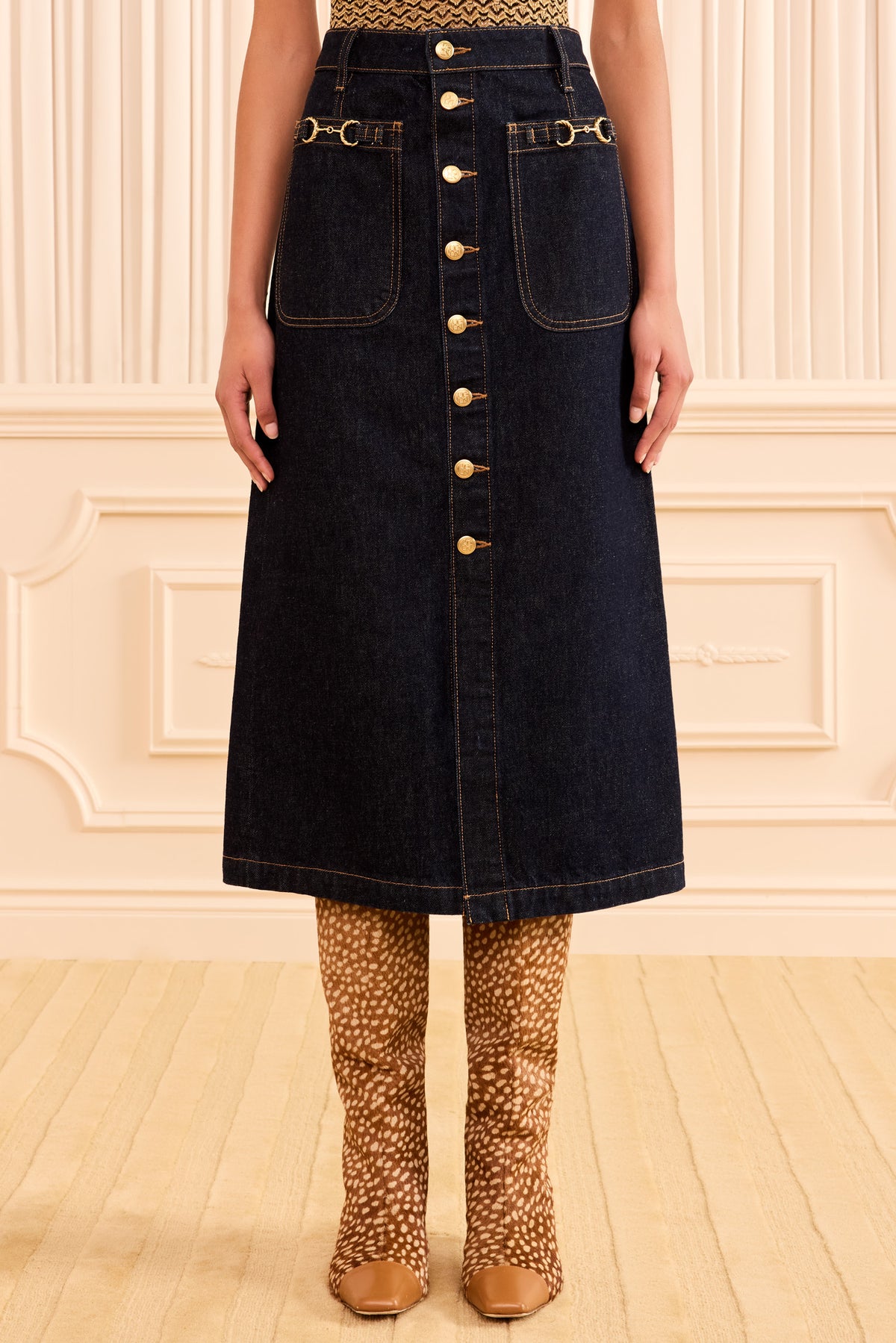 Tigris Dark Indigo Designer Denim Skirt - On Model Front View, Gold Hardware Detail | Ulla Johnson