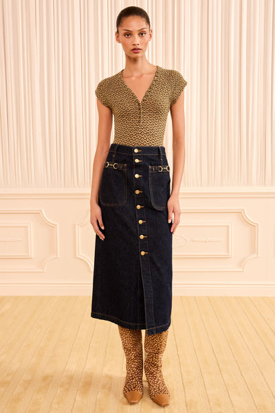 Tigris Dark Indigo Denim Midi Skirt - On Model, Alternate Front Styled View | Ulla Johnson