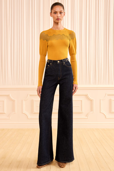 Tigris Dark Wash Denim Flared Jean, Full-Length On Model | Ulla Johnson