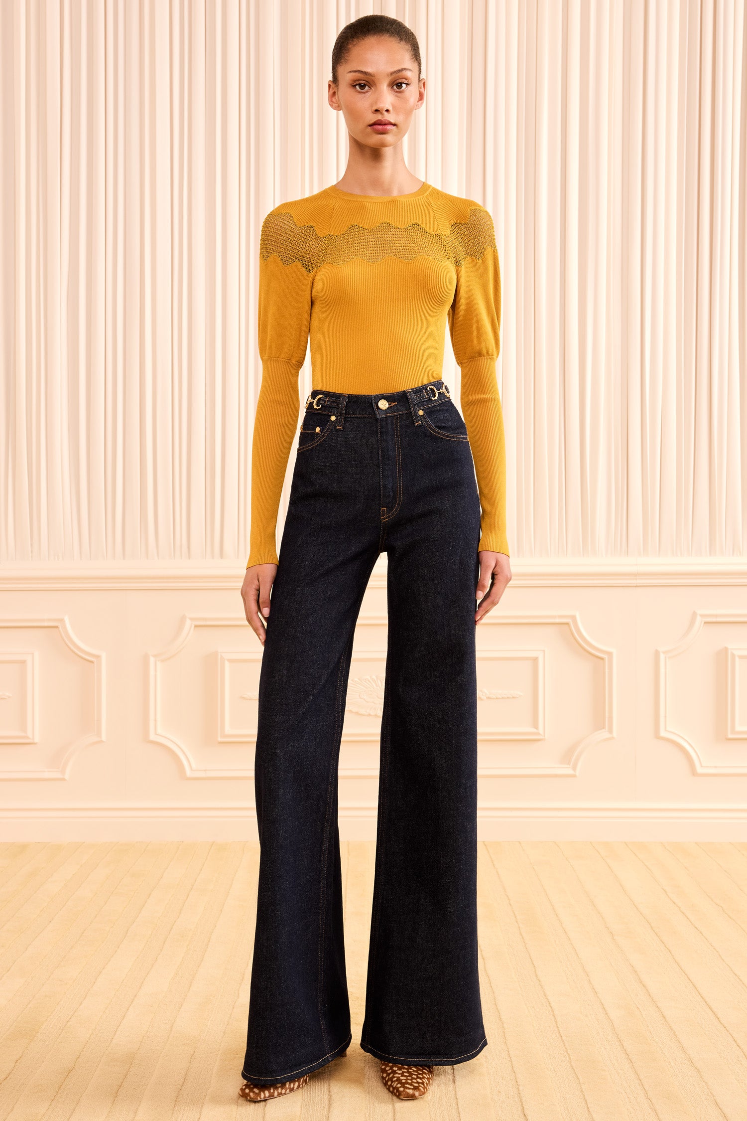 Ulla Johnson Tigris Dark Wash Denim Flared Jean, Full-Length On Model | Ulla Johnson