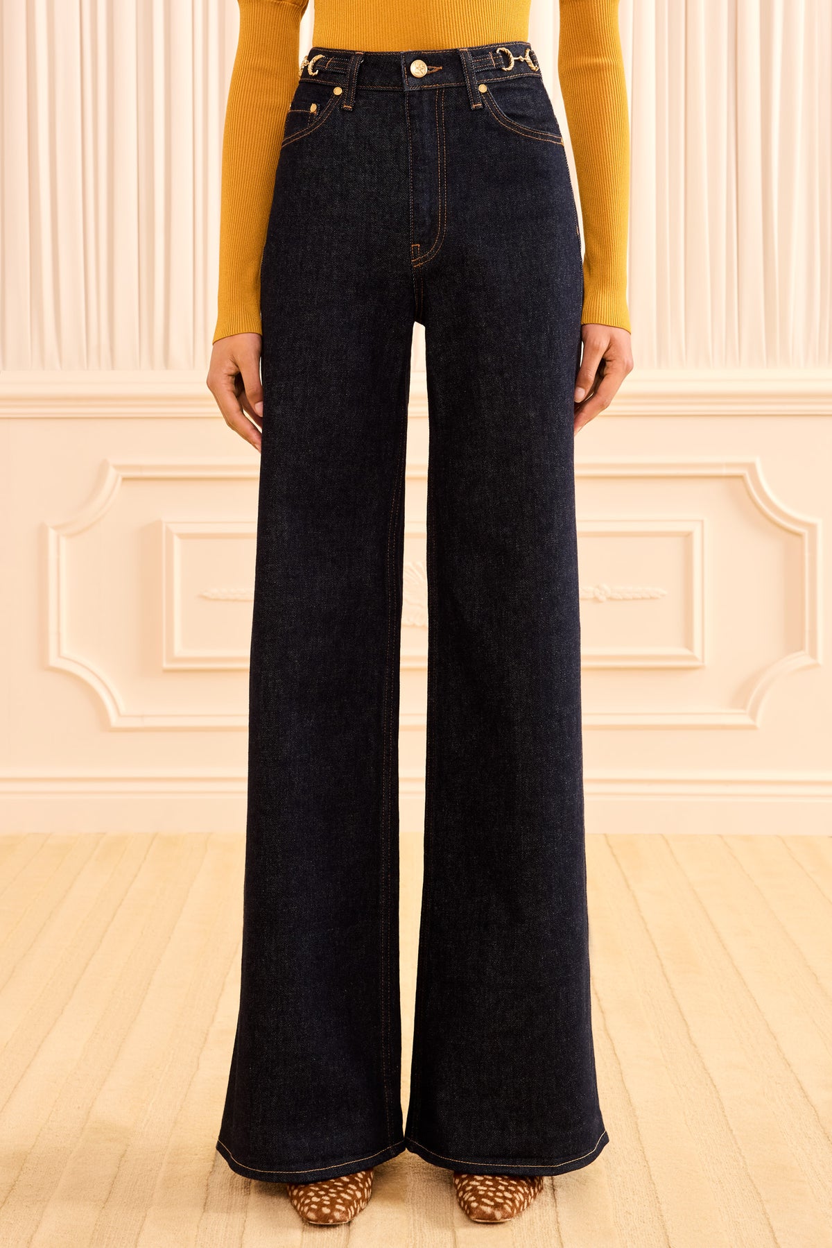Tigris Dark Wash High-Rise Denim Jean, Front View On Model | Ulla Johnson
