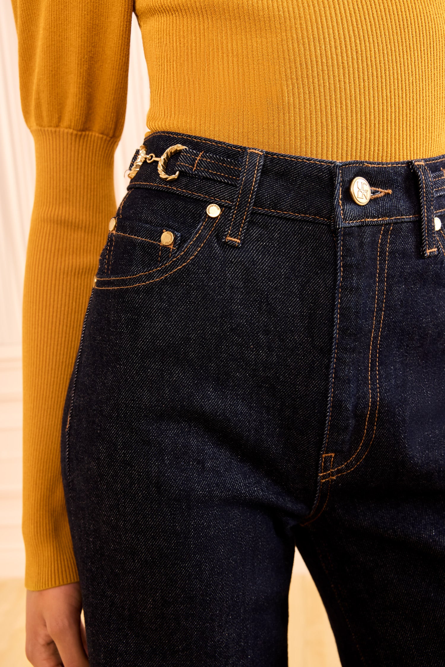 Ulla Johnson Tigris Denim Jean, Gold Horse-Bit Hardware and Pocket Detail Close-Up | Ulla Johnson