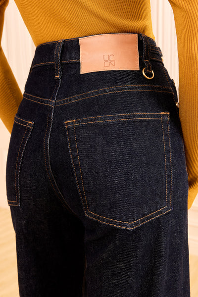 Tigris Dark Wash Denim Jean, Back Pocket and Leather Logo Patch Detail | Ulla Johnson