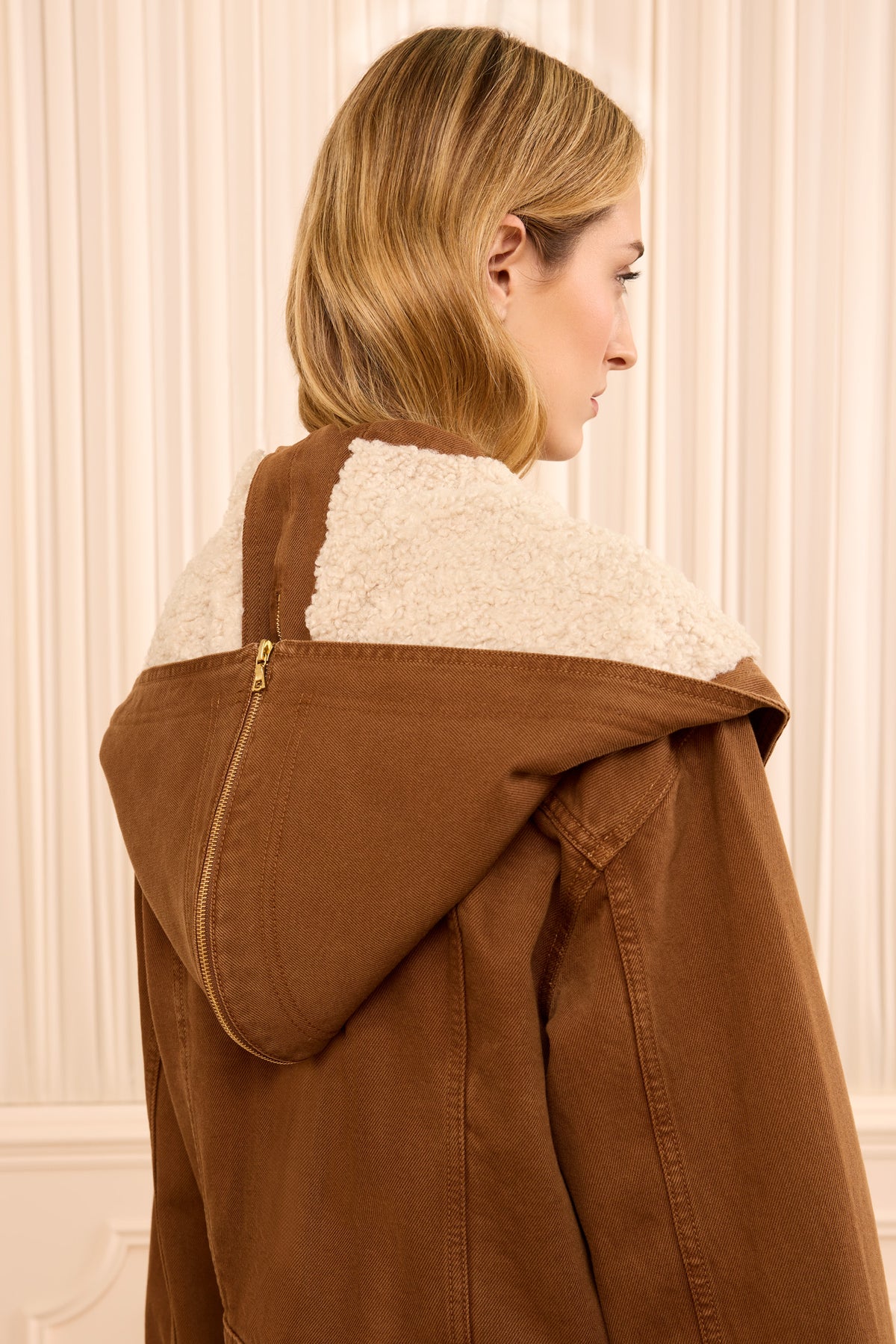 Umber Premium Denim Jacket Draped Hood with Fleece Lining - Back Detail Close-Up | Ulla Johnson