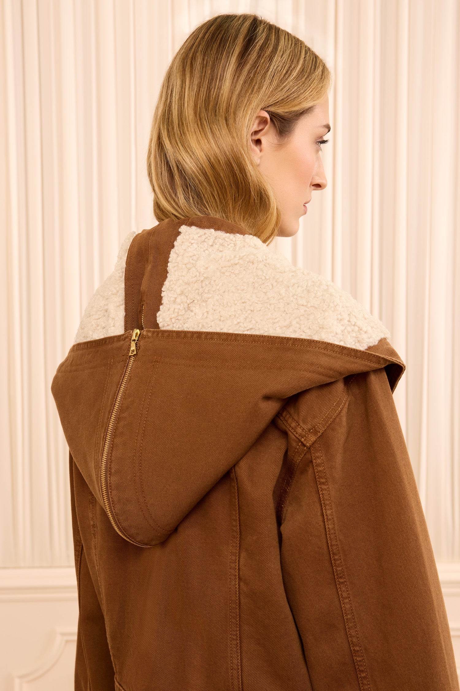 Ulla Johnson Umber Premium Denim Jacket Draped Hood with Fleece Lining - Back Detail Close-Up | Ulla Johnson