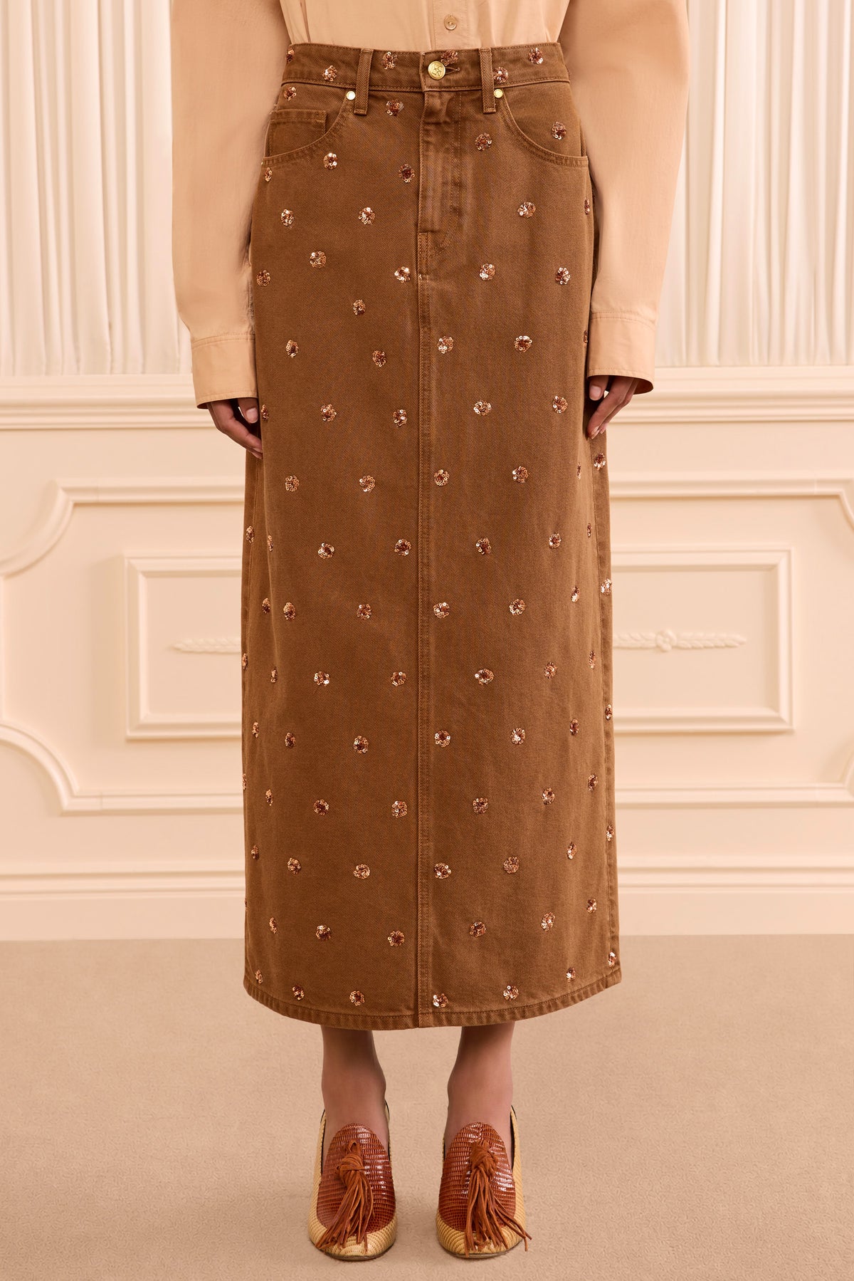 Umber Designer Denim Midi Skirt - On Model Cropped Front View | Ulla Johnson