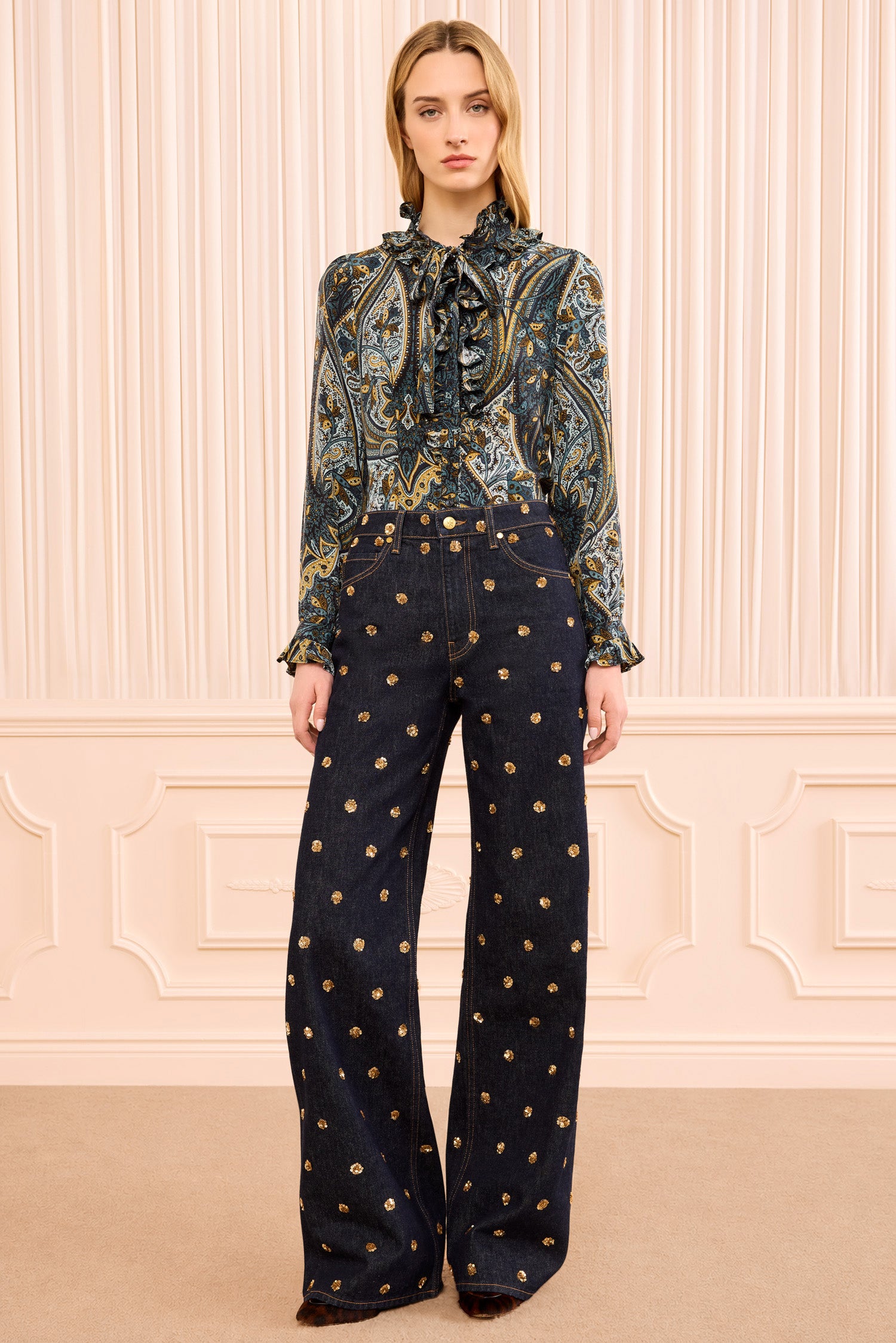 Ulla Johnson Indigo Gold Sequin Wide Leg Designer Jean - Full Length Front View On Model | Ulla Johnson