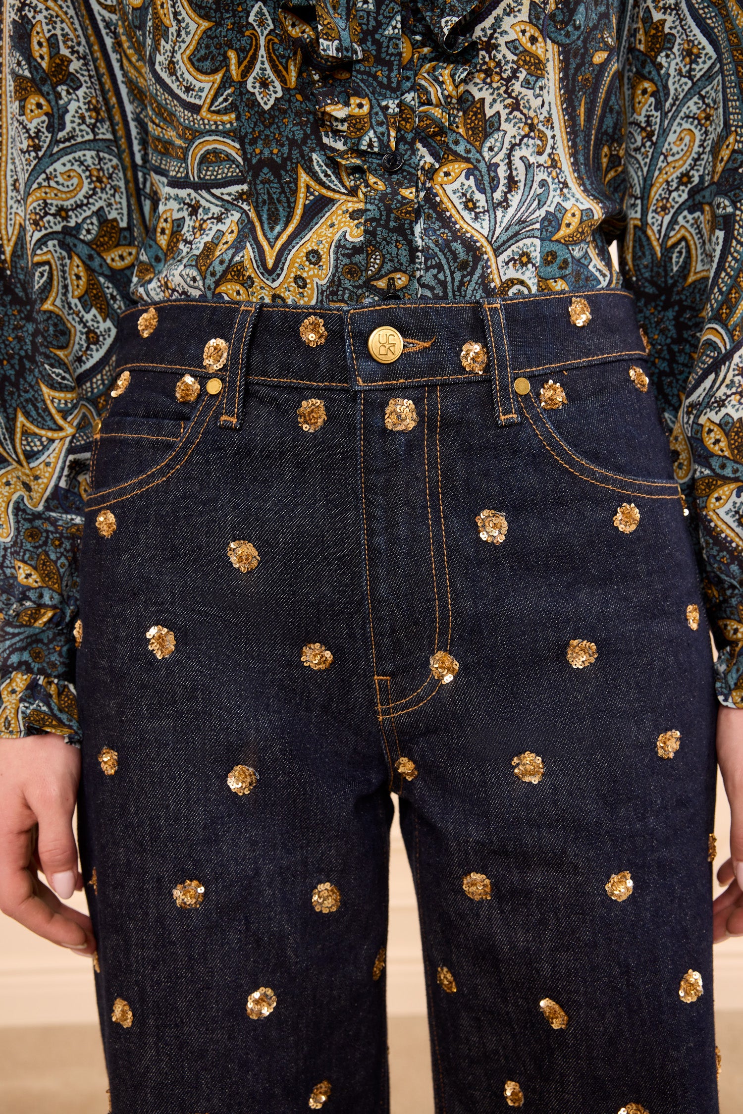 Ulla Johnson Indigo Luxury Denim Jean, Gold Sequin Embroidery and Logo Button - Waist Close-Up | Ulla Johnson