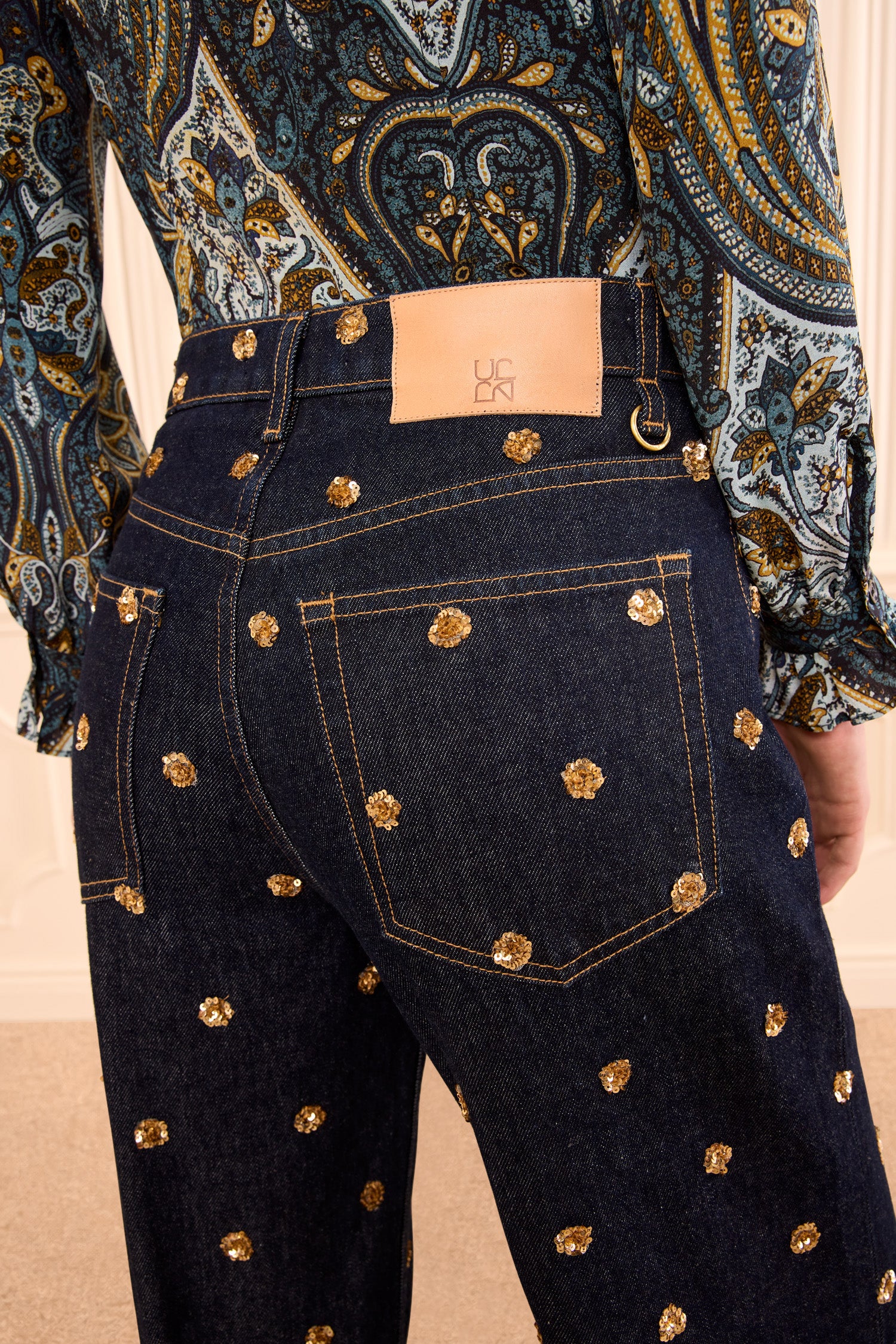 Ulla Johnson Indigo Wide Leg Embellished Jean, Leather Logo Patch and Gold Sequin - Back Close-Up | Ulla Johnson