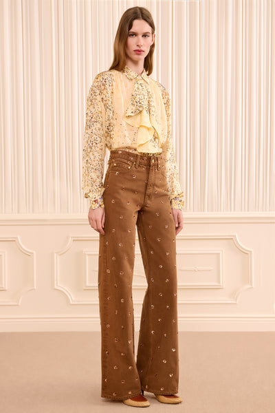 Embellished Umber Wide Leg Jean, Designer Denim with Rose Gold Sequins - On Model Front | Ulla Johnson