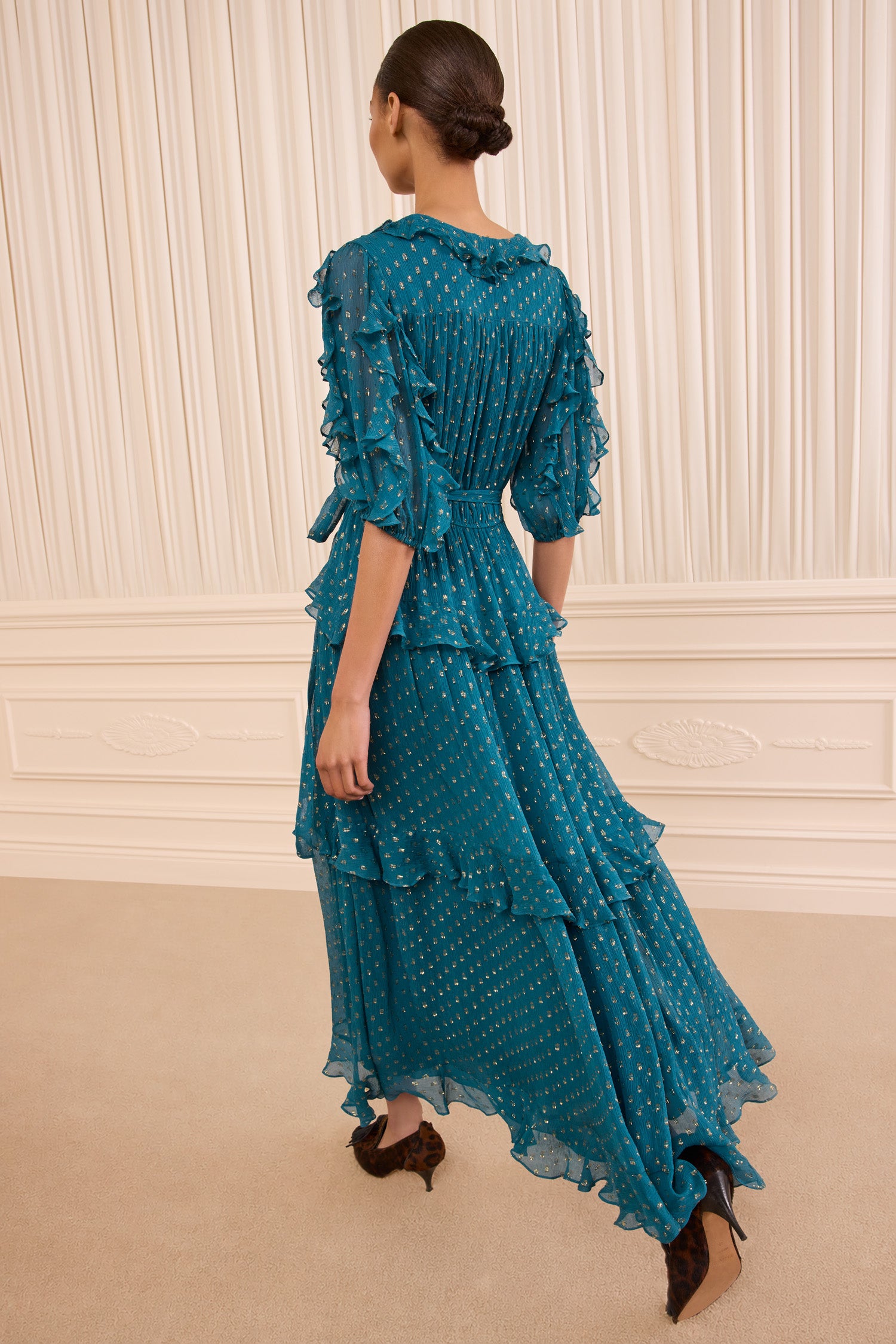 Ulla Johnson Beryl Silk Chiffon Tiered Ruffle Maxi Dress - Back View On Model | Ulla Johnson