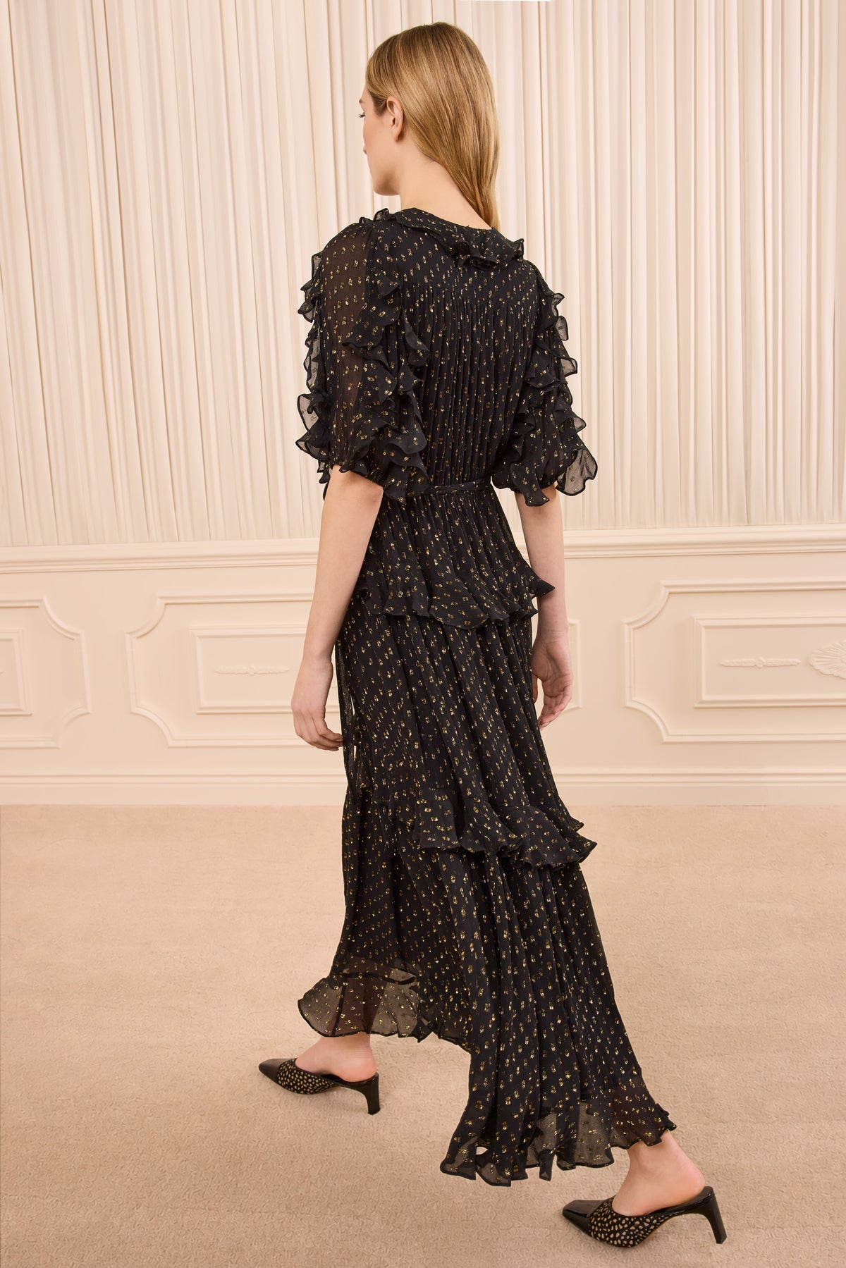 Noir Silk Chiffon Ruffle Dress with Gold Dot Motif - Back View On Model | Ulla Johnson