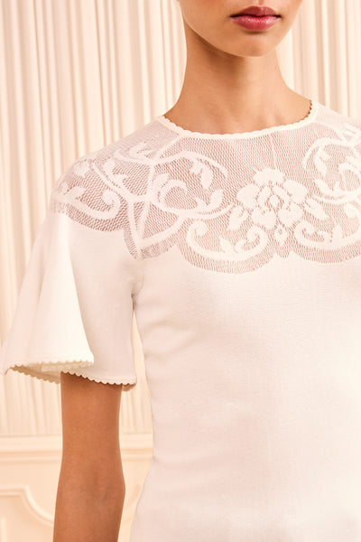 Cowrie White Knit Top Lace-Like Jacquard Yoke Close-Up Detail | Ulla Johnson