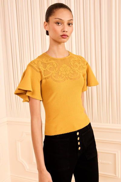 Topaz Jacquard Knit Flutter Sleeve Top - Front View On Model | Ulla Johnson