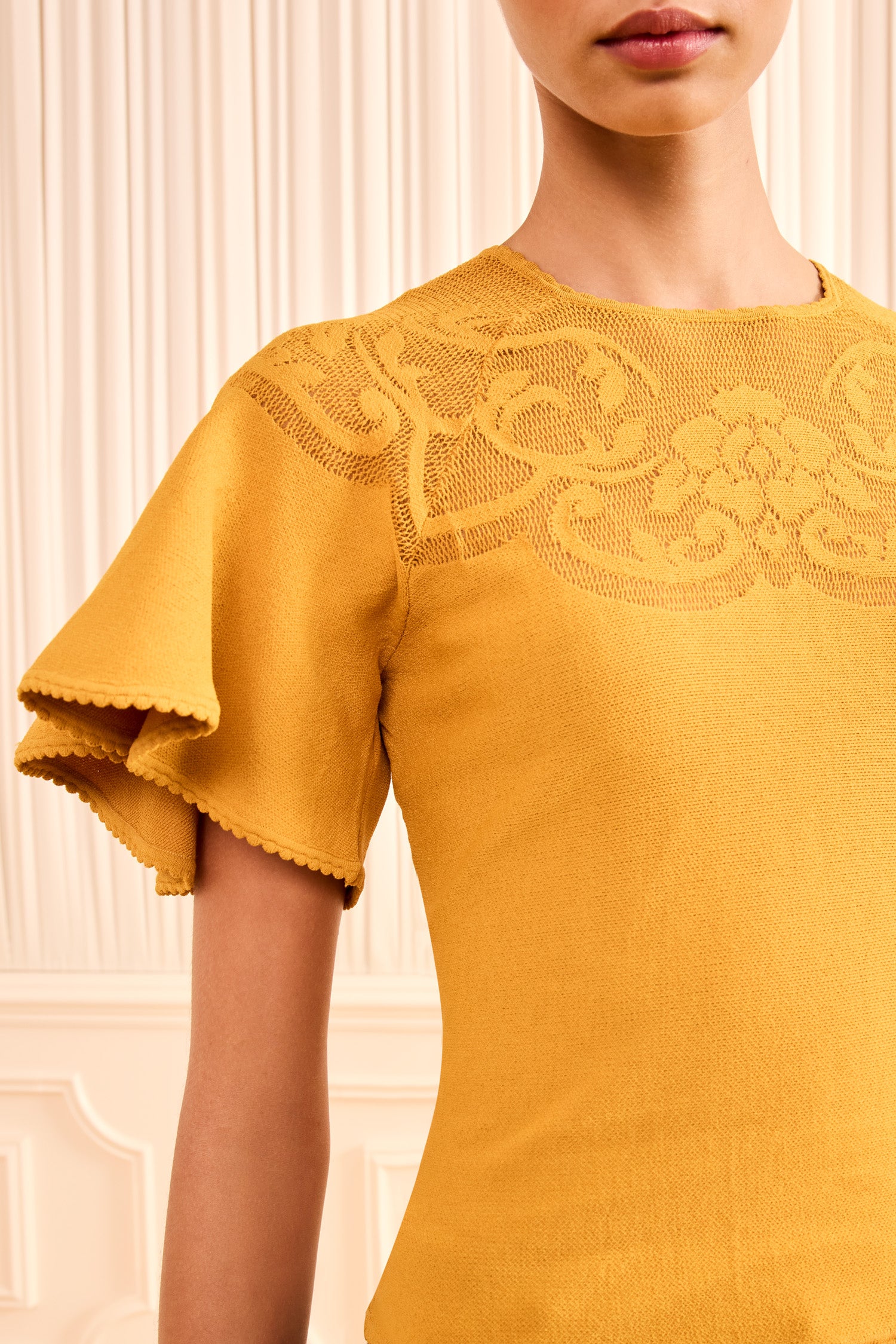 Ulla Johnson Topaz Knit Top Jacquard Yoke and Scalloped Flutter Sleeve - Close-Up Detail | Ulla Johnson