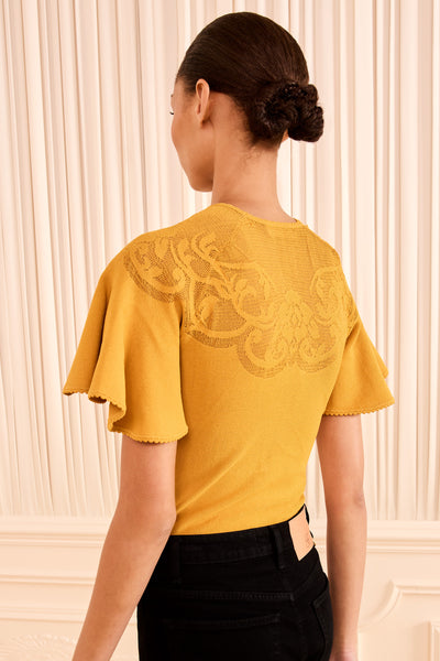Topaz Designer Compact Knit Top with Floral Jacquard Yoke - Back View | Ulla Johnson