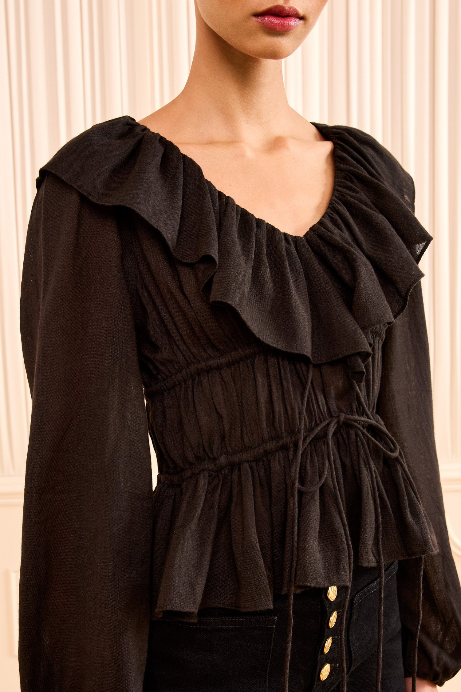 Ulla Johnson Noir Cotton Blend Peplum Top - Ruffle Neckline Detail Close-Up | Ulla Johnson