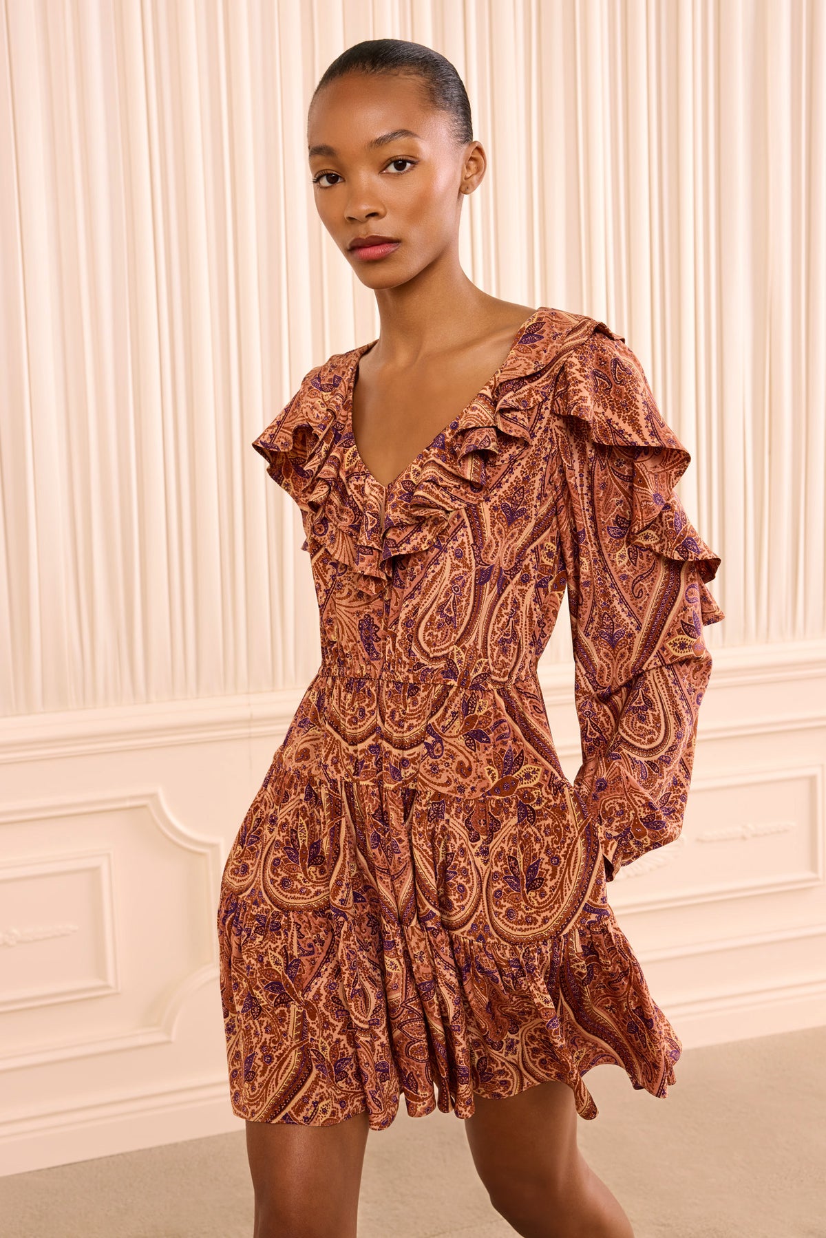 Rosette Paisley Silk Mini Dress - Front View On Model | Ulla Johnson