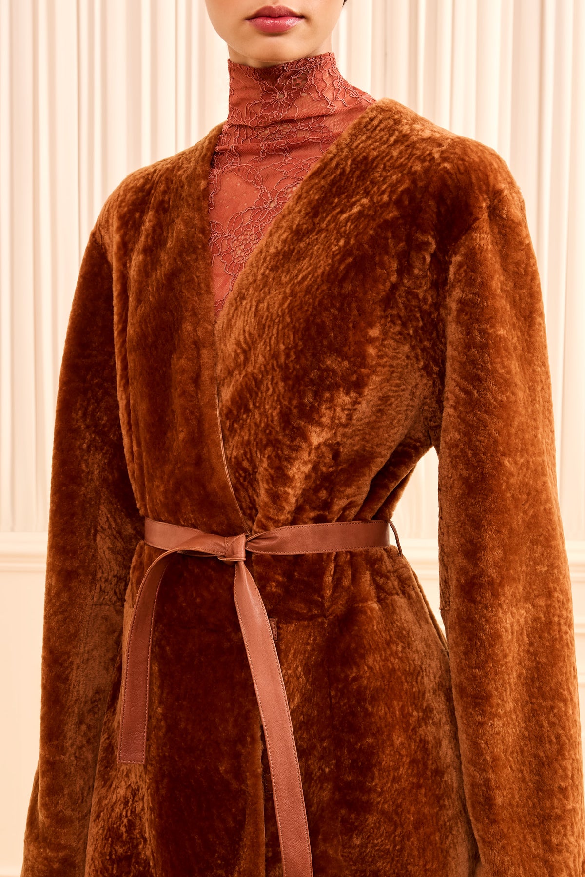 Sienna Shearling Coat - V-Neckline and Self-Tie Belt Close-Up | Ulla Johnson